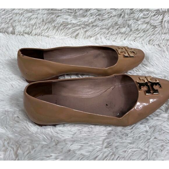 Tory Burch Raleigh Leather Ballet Flats Gold Logo Womens Size 9.5M Beige - Picture 3 of 13